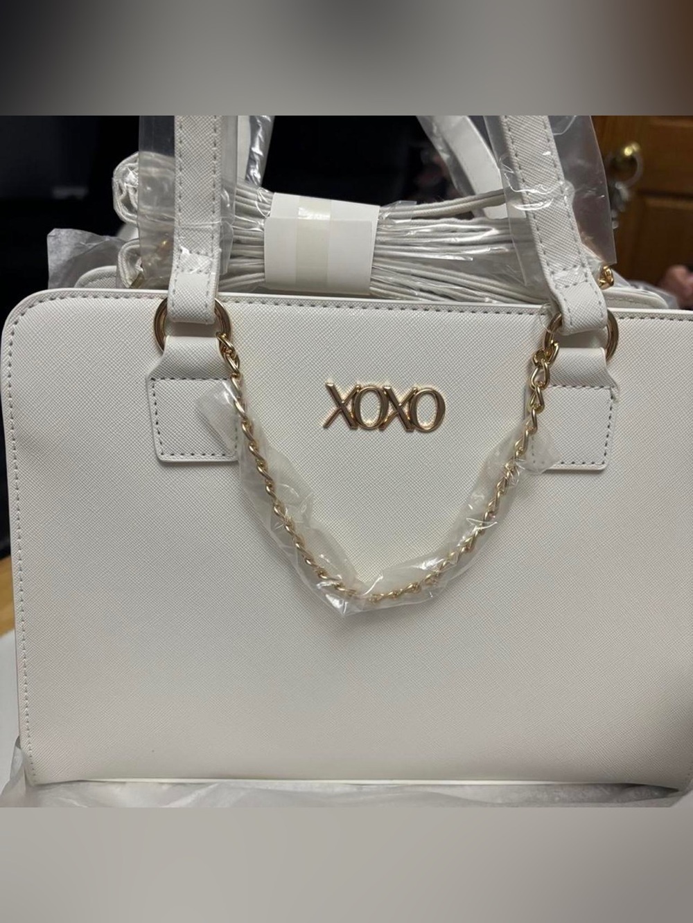 XOXO White Satchel with Gold Chain Detail